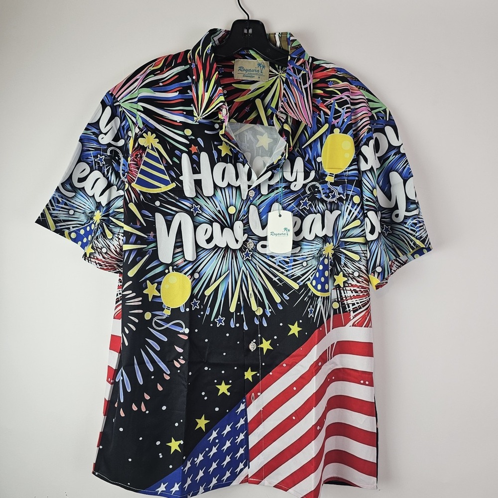 Royaura NWT Happy New Year's Hawaiian Button Up Shirt USA Flag Short Sleeve M